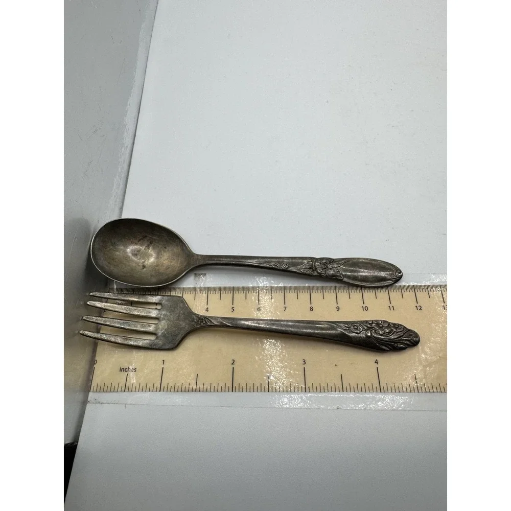Community Silverplate White Orchid Baby Spoon & Fork Set Floral Vintage Nursery